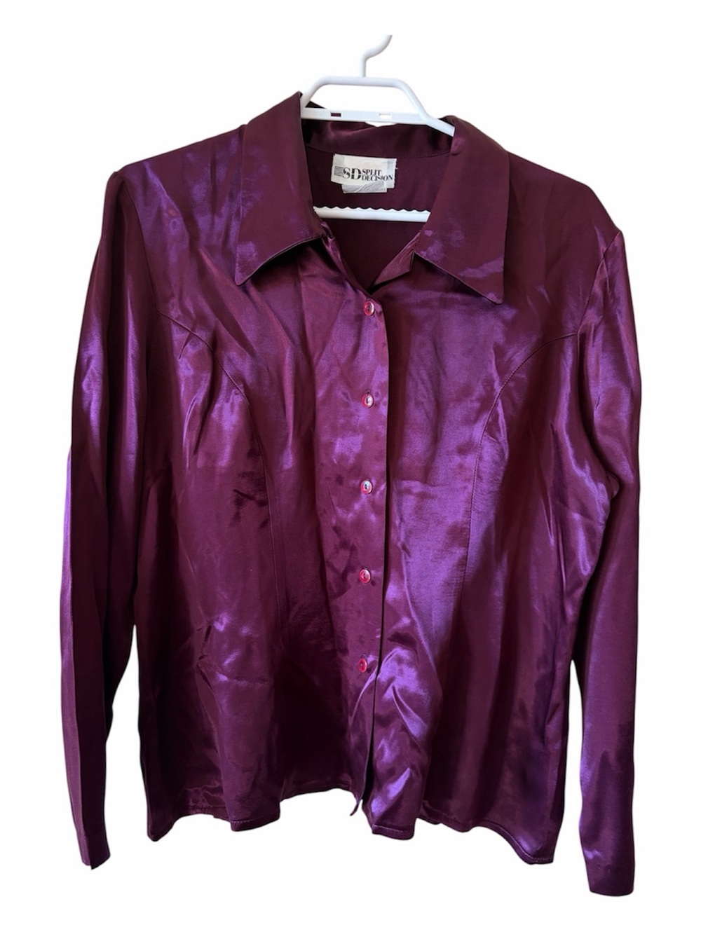 Split Decision Vintage Satin Blouse Purple Button Up Long Sleeve Shiny Y2K Shirt